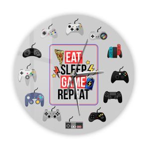 xpkQ Eat Sleep Game Repeat Funny Gaming Quotes Printed Wall Clock For Gamer Players Room Video Game Controllers Decorative Wall Watch Q9Z6P