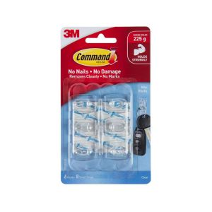 3M Command Clear General Purpose Mini Hooks 6/Pack Holds Up to 225g Home Office Keys Broom Calendar
