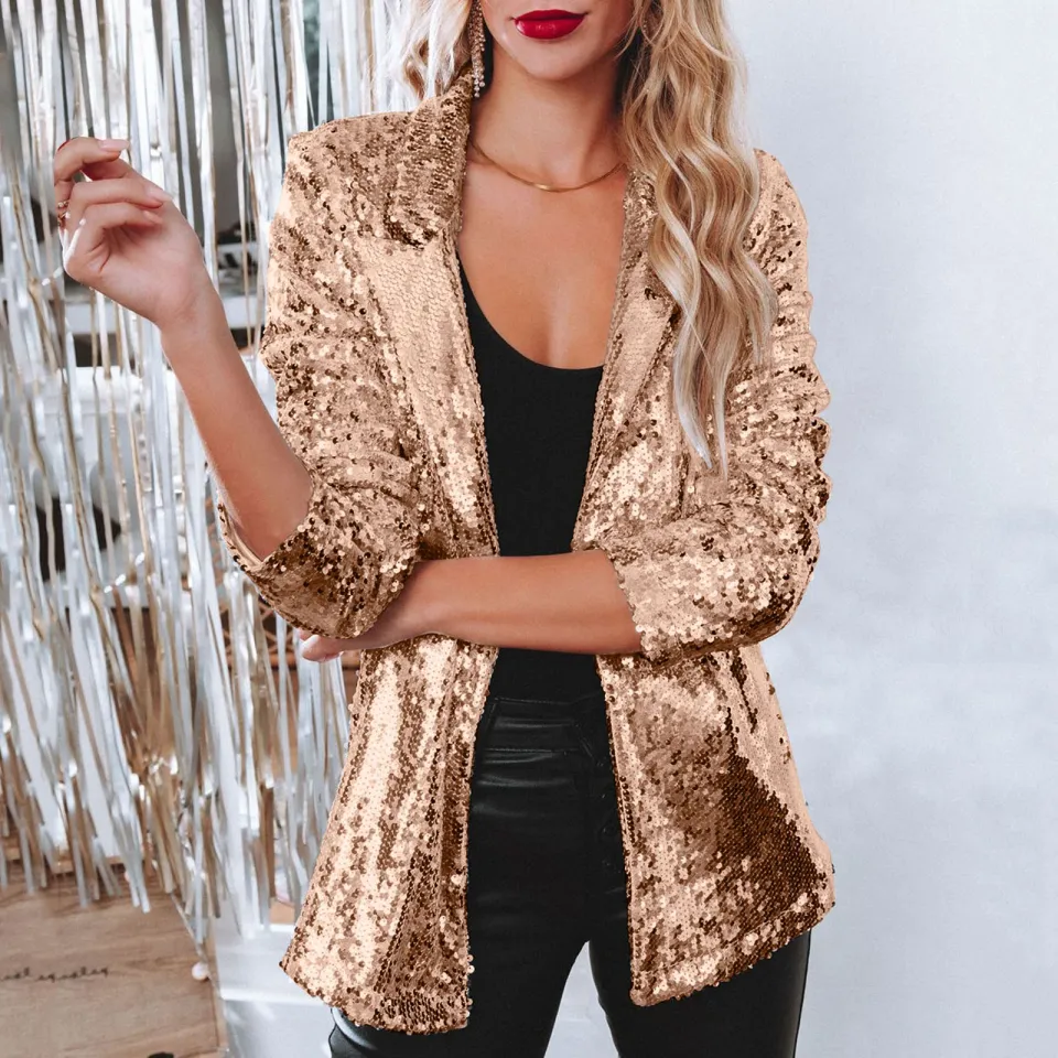 Anna-Kaci Womens Sequin Jacket Sparkle Long Sleeve Front Zip Casual Bl