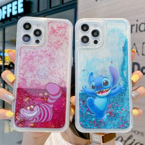 Cartoon Lovely Stitch Cheshire Cat Quicksand Mobile Phone Case For iPhone 16 Pro Max 15 Pro Max 14 Pro Max Plus Phone Back Cover for iPhone 11 12 13 Pro Max X XR XS Max 6 6s 7 8 Plus Back Shell