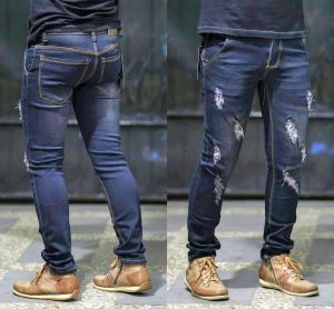Celana Panjang Jeans Model Classic Ripped Bahan Blue Denim