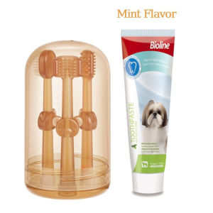 Pet Dental Kit with Storage Box Bioline Toothpaste and Toothbrush for Dogs and Cats Set Soft Silicone Toothbrush
