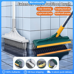 2 in 1 V-Shaped Floor Scrub Brush Long Handle Non-Slip Floor Scrubber Rotating Head Floor Wiper Kitchen Bathroom Cleaning Tool