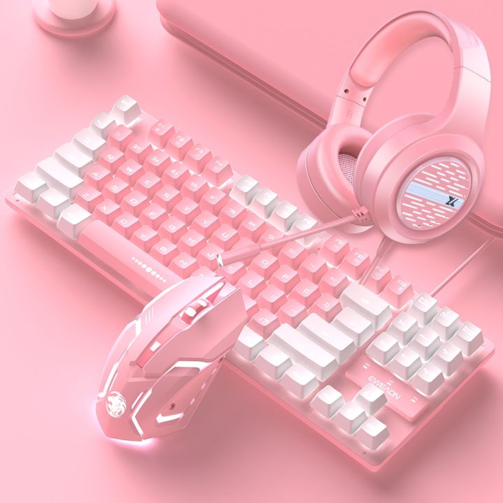 Pink Gaming Mechanical Keyboard and Mouse Set 87-key Girl Cute Wired ...