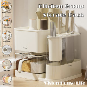 Vision Kitchen Multifunctional Storage Rack Household Condiment Storage Shelf with Knife Holder Nordic Condiment Jar Combination Set Chopsticks Barrel Tableware Storage Rack