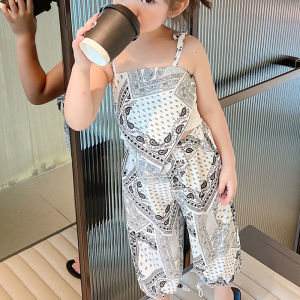 ชุดกางเกงสองชิ้นครอป + เสื้อสายเดี่ยวผ้าพิมพ์ลายดอกไม้งดงามชุดเสื้อแขนกุดเด็กผู้หญิง1-8Years