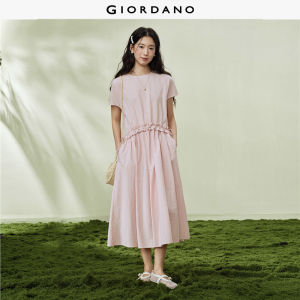 Giordano Women Lace-up waist round-neck long-sleeve woven dress - High Quality Free Shipping 18466605