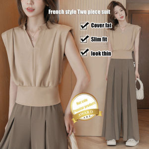 [Hot Sell]-French V-neck Top Suit Trousers Wide Leg Trousers Temperament Two-piece Set Womens V-Neck Sleeveless Top Womens High Waisted Wide Leg Pants 法式V领上衣西裤阔腿裤气质两件套