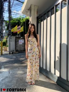 ❣Fortunee ❣ เดรสสายเดี่ยวเปิดหลัง ลายไล่สี ชุดเดรสเข้ารูปทรงหางปลา ใส่สบายสำหรับฤดูร้อน