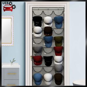 [Ueb Wholesale Mall] Hat Organizer Racks for Baseball Caps Behind Door Hat Protect Storage Rack with 3 Hooks 24 Deep Pockets for Wall Door