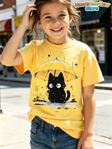 [Local Stock] ZEEMIN T-Shirt for Girls Cute Cat Umbrella 3D Print Girl Short-Sleeve Top Cartoon Cat Summer Clothes Child T-Shirt Childrens Clothing