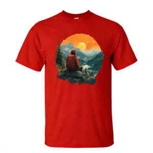 [Local Stock] HBESTY  Hiker Sitting Sunset Mountain Graphic T Shirt Men Olive Tee Serene Landscape Print Top Summer Trekking Rest Casual Wear
