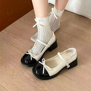 Free Shipping High-Heeled Leather Shoes 2026 Spring Collection New Retro Style With Chunky Heels And A Bow Detail-Inspired Single Shoes