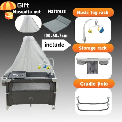 COD Multifunction Foldable Baby Cot With Diapers Table Portable Bed Playpen Travel Cot Large Bed Side Door Katil Bayi Cradle