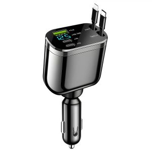 Car Charger 192W 4-in-1 Retractable Car Charger 90° Adjustable w/ Fast Charging Cables for iPhone Android Laptop All Devices