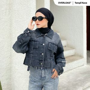 JINISO Jaket Crop Jeans Oversize Boxy Black Spray