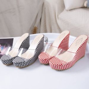 MANXIXI Brand Fashion Slippers Beautiful Plaid Pattern 2.75 Inches Wedge Sandals For Women (Size 35-40)