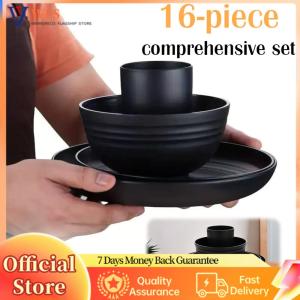 【Flagship】 16Pcs Wheat Straw Cutlery Reusable Unbreakable Dinnerware Set Multi-Purpose Lightweight Dish Cup Bowl Set Outdoor Tableware Set for People