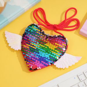 MYTHIS Sequin Sequin Heart Purse Wing Detail Heart Shape Kids Shoulder Bag Cute Drawstring Girls Shoulder Bag For Girls