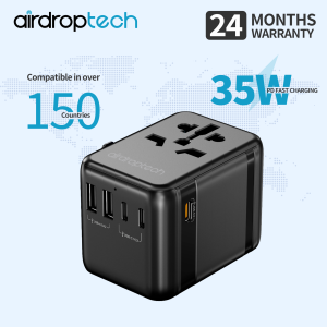 AIRDROPTECH 35W / 15W Universal Travel Adapter with USB Ports + Type-C Port Wall Charger Plug (Black)