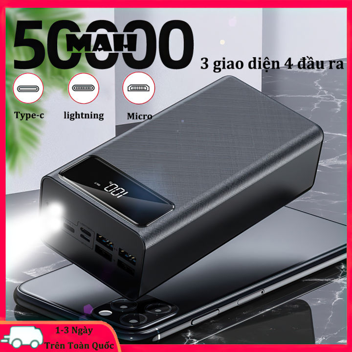Sạc Dự Phòng PIN Polymer cao cấp 50000mah, 4 cổng sạc đầu vào, 3 cổng sạc đầu ra, Power bank tích hợp đèn pin, hiển thị dung lượng kỹ thuật số,