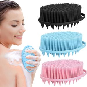 Bộ 3 miếng chà lưng bằng silicone PQRUU dùng để chà khi tắm giúp loại bỏ tế bào chết trên da phù hợp với mọi loại da chất liệu silicone mềm mại dùng được cho cả nam và nữ tạo bọt nhanh màu đen xanh dương xám.
