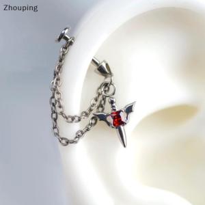 【ZP】 Cute Jewerry Red Zircon Wing Chain Bông tai cho phụ nữ người đàn ông Gothic bạc màu đinh tán Tai xương Nail Earring Y2K đồ trang sức phụ kiện