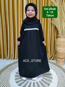 Set Gamis & Jilbab Anak Perempuan Elegan Motif Garis 5-15 Tahun - Bahan Premium