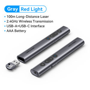 Vention Bút Trình Chiếu Không Dây 2.4G - Điều Khiển PPT từ xa 50m Laser Đỏ 100m Tích Hợp USB-A + Type-C - Cho Laptop Máy Chiếu - Hàng Chính Hãng