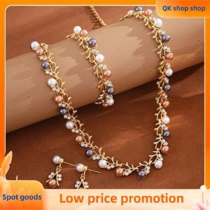 ✨QK shop✨ 3 Pcs set Fashion Retro Womens Jewelry Set Rhinestone Artificial Pearl Wedding Party Bride Wedding Necklace Bracelet Earrings