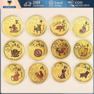 1PC Colorful Twelve Zodiac Commemorative Medals Golden Coins Chicken Snake Horse Dragon Tiger Gifts