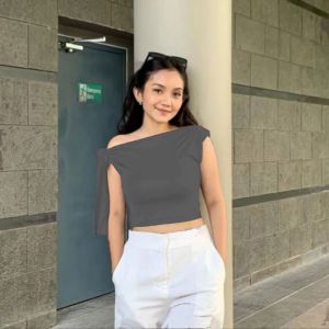 RACHEL Crop Top Atasan Wanita One Shoulder Lengan Tali Bahan knit