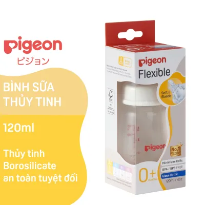 Bình sữa thủy tinh cổ hẹp Pigeon 120ml (S) núm ti silicone siêu mềm chống sặc đầy hơi cho bé sơ sinh
