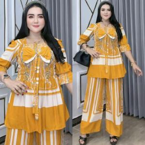 Setelan Baju Wanita Semuk Pita Salkiya Katun Rayon Celana Komprang Adem Harian