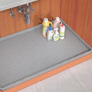 Under Sink Mat for Kitchen Waterproof 34" × 22" Under Sink Liner and Protector for Bottom of Kitchen Sink Bathroom Silicone Basin Undersink Mat Cabinet Shelf Drip Tray(Grey)