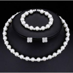 ชุดสร้อยข้อมือสร้อยคอไข่มุก3ชิ้นชุดต่างหูเพทายหรูหราเครื่องประดับอัญมณีแต่งงานสำหรับเจ้าสาว