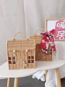 Decorative Rattan Suitcase Box Plastic Handwoven Wicker House Shaped Basket with Handle Festival Gift Wrapping Bag