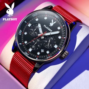 PLAYBOY นาฬิกา ผู้ชาย กัน น้ำ 100% ต้นฉบับ แฟชั่น สายไนลอน ส่องสว่าง นาฬิกาสไตล์ลำลองและแฟชั่น