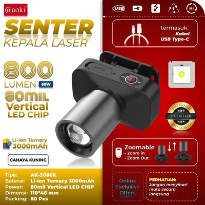 Senter Kepala Zoom Aoki AK-3685A SUPER TERANG / Head Lamp Led 60 Watt Super Terang Senter Kepala Rechargeable Type C