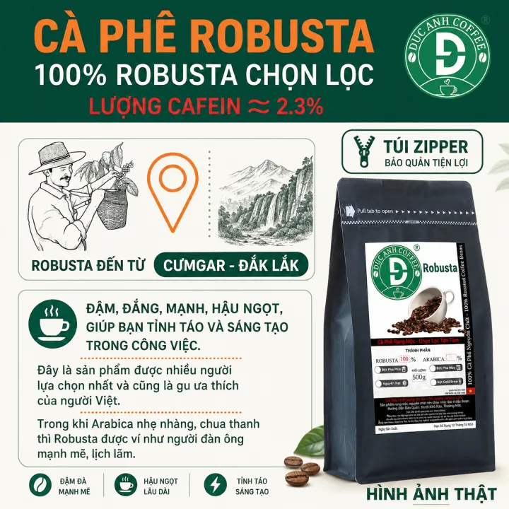 1kg Cà Phê Rang Mộc 100% Robusta dùng pha Phin - Pha máy đậm, mạnh, hậu ngọt,cafein cao, thương hiệu cafe DUC ANH COFFEE - cà phê Đức Anh - cafe pha phin