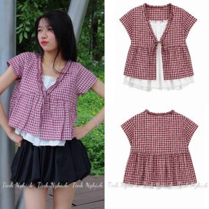 Áo kiểu nữ babydoll chất Đũi - Thiết kế họa tiết caro hai lớp tay hến cổ V phối bèo thắt dây nơ