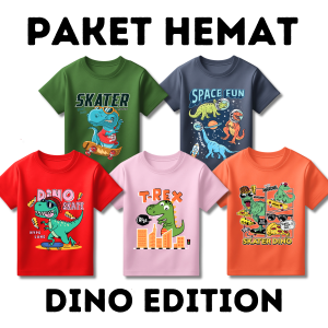 Paket Usaha Hemat Baju Kaos Setelan Anak Laki Laki Distro Karakter Dinosaurus Lucu Umur 1 - 10 Tahun