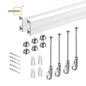 Art picture Hanging system Free shipping Cliprail Complete picture frame hangers Gallery Systems cable track for wall(2 Rails 4 Hooks and 4 CablesWhite)