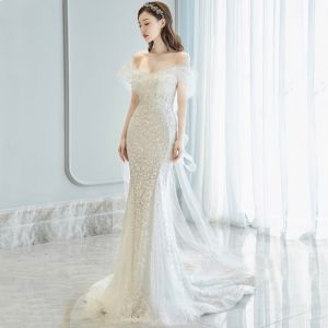 Glary Star Fishtail Light Wedding Dress Bride One-shoulder Trailing Out Welcome Evening Dress Annual Meeting Banquet Host