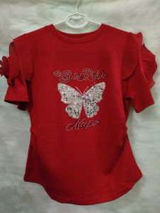 Áo thun nữ đính cườm hình bướm tay áo kết hoa co dãn