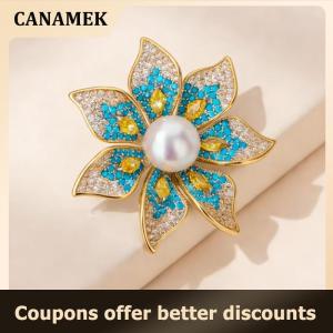 【 CANAMEK 】 Elegant Rhinestone Pearl Flower Brooch Pins for Women Formal Coat Dress Party Stylish Accessories