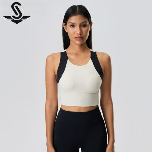 sucming Spring Summer New Fashion Color-Block Short Sports Vest for Women with Fixed Chest Pads Gathered Back Yoga Bra D25067