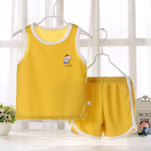 Babyonline(Y043)C2 ชุดเซ็ตเสื้อกล้ามกางเกงขาสั้นสำหรับเด็กลายการ์ตูนผ้าฝ้าย ผ้าร่อง นิ่ม พริ้ว ใส่สบาย