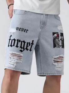 Men Summer Stretchy Denim Shorts Jeans For Men Streetwear Letter Ripped Knee length Baggy Comfort Cargo Casual Shorts Pants Jean