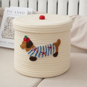 Creative Cute Puppy Woven Storage Basket with Lid Large Capacity Dustproof Snacks Sundries Organizer Bin Household Braided Toy Container Multipurpose Storage Bucket Hamper